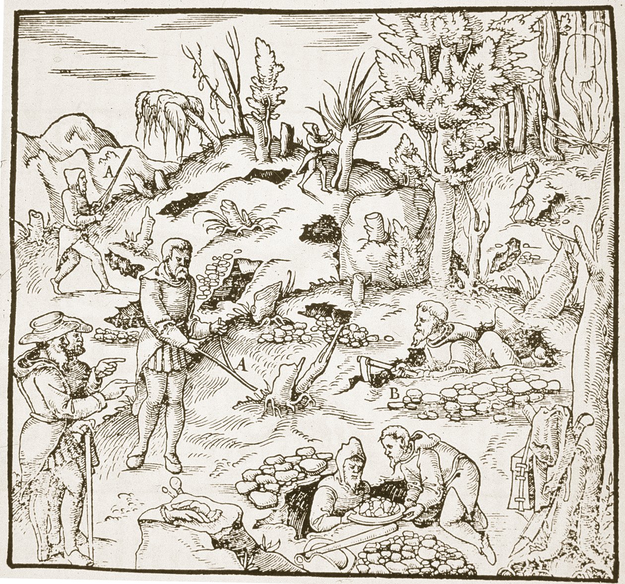 De wichelroede, uit Bergwerk Buch door Georg Agricola, Frankfurt 1580, geïllustreerd in een Geschiedenis van de Magie, gepubliceerd eind 19e eeuw door German School