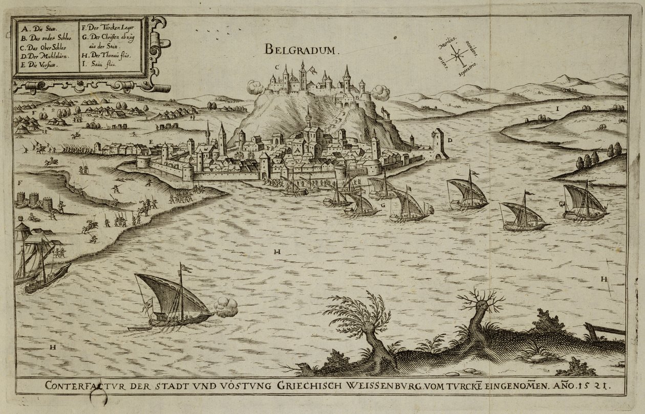 De Val van Belgrado aan de Turken in 1521, illustratie uit een boek over de Ottomaanse campagnes in Europa, gegraveerd door Paul Furst (ca. 1605-66) door German School