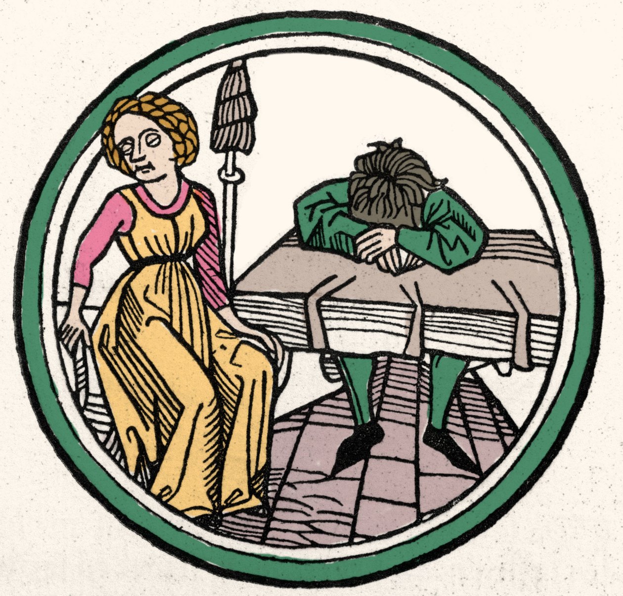 De vier temperamenten: Melancholisch (verdrietig en depressief) Xylografie, Augsburg 1480 door German School