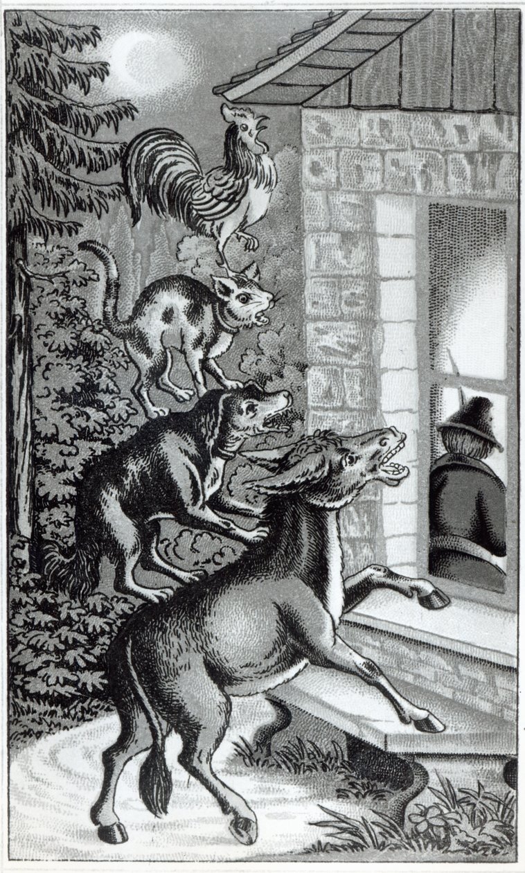De vier dieren die naar het raam schreeuwen, illustratie voor De Bremer Stadsmuzikanten, sprookje van de Gebroeders Grimm door German School