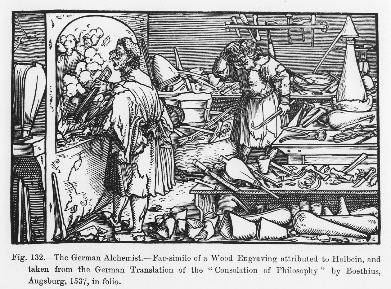 De Duitse alchemist, uit Consolation of Philosophy door Boethius, illustratie uit Science and Literature in the Middle Ages and Renaissance, geschreven en gegraveerd door Paul Lacroix, 1878 door German School