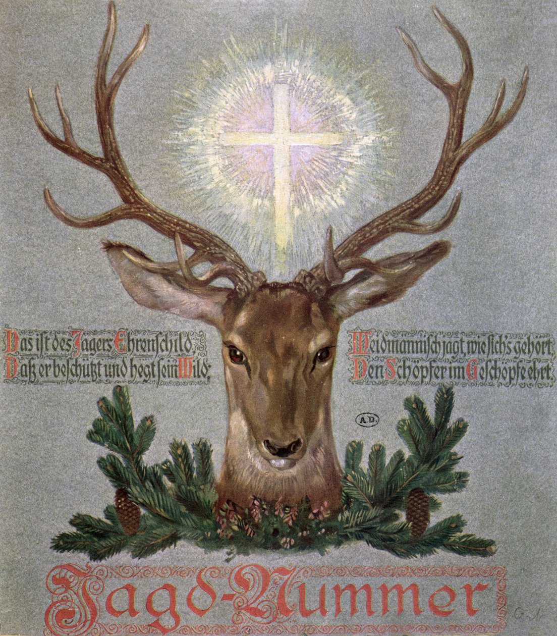 Het Hert van St. Hubertus (655-727), omslagillustratie van een jachtjournal, 1908 door German School