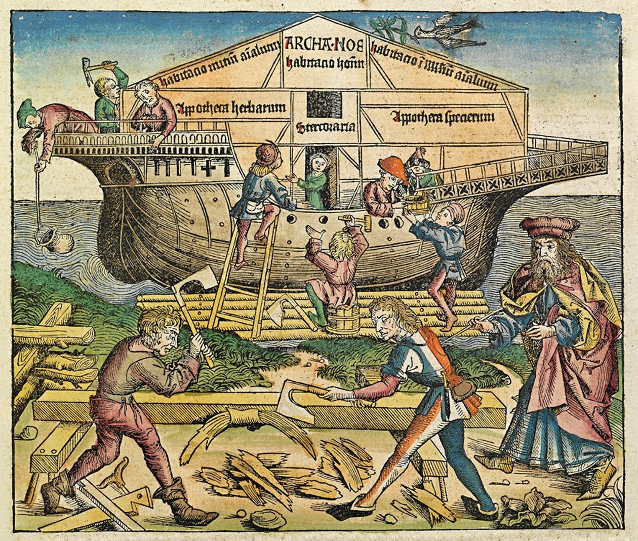 De bouw van de Ark van Noach, gepubliceerd in de Neurenberg Kroniek, 1493 door German School