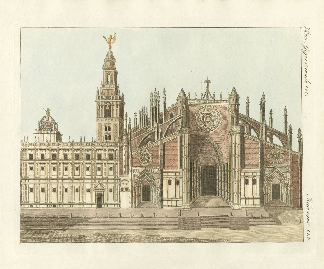 De kathedraal of metropolitane kerk van Sevilla (gekleurde gravure) door German School