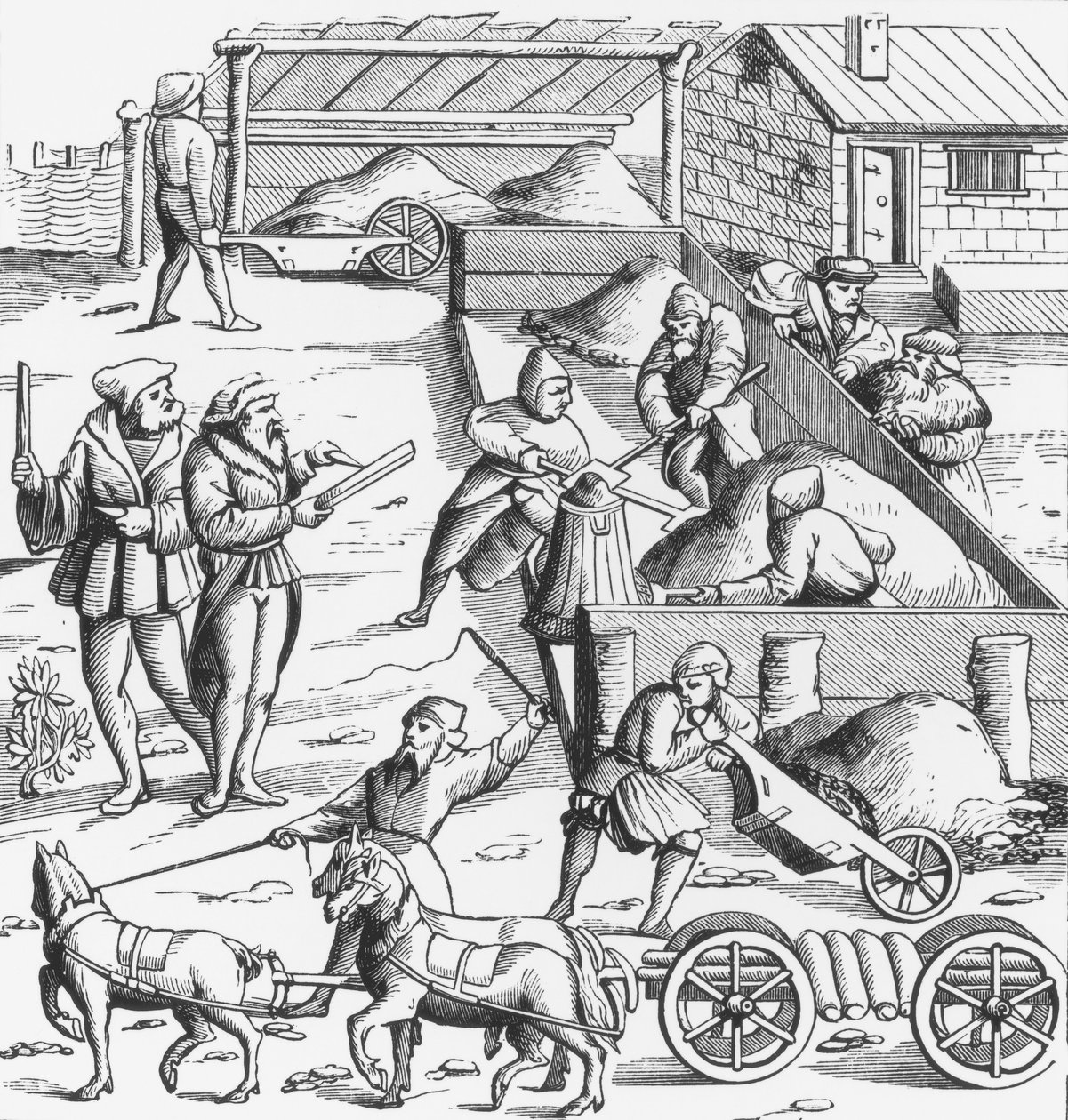 De winning van metalen, naar een houtsnede in Cosmographie Universelle van Munster, gepubliceerd 1552 door German School