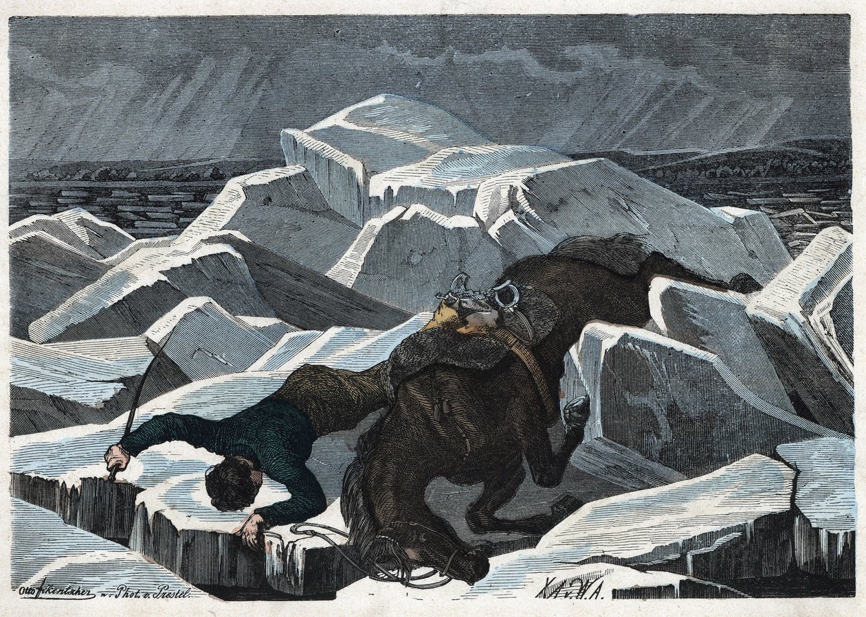 De val van graaf Sandor en zijn paard op het gebroken ijs van de Donau. In 