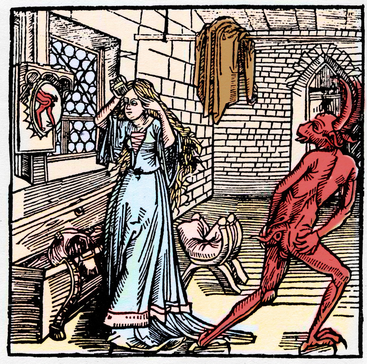 De dame die zichzelf bewondert in de spiegel ziet alleen een weerspiegeling van de achterkant van de demon - symbool van IJdelheid - Oneerbiedig gedrag van de duivel tegenover een kokette vrouw - in 