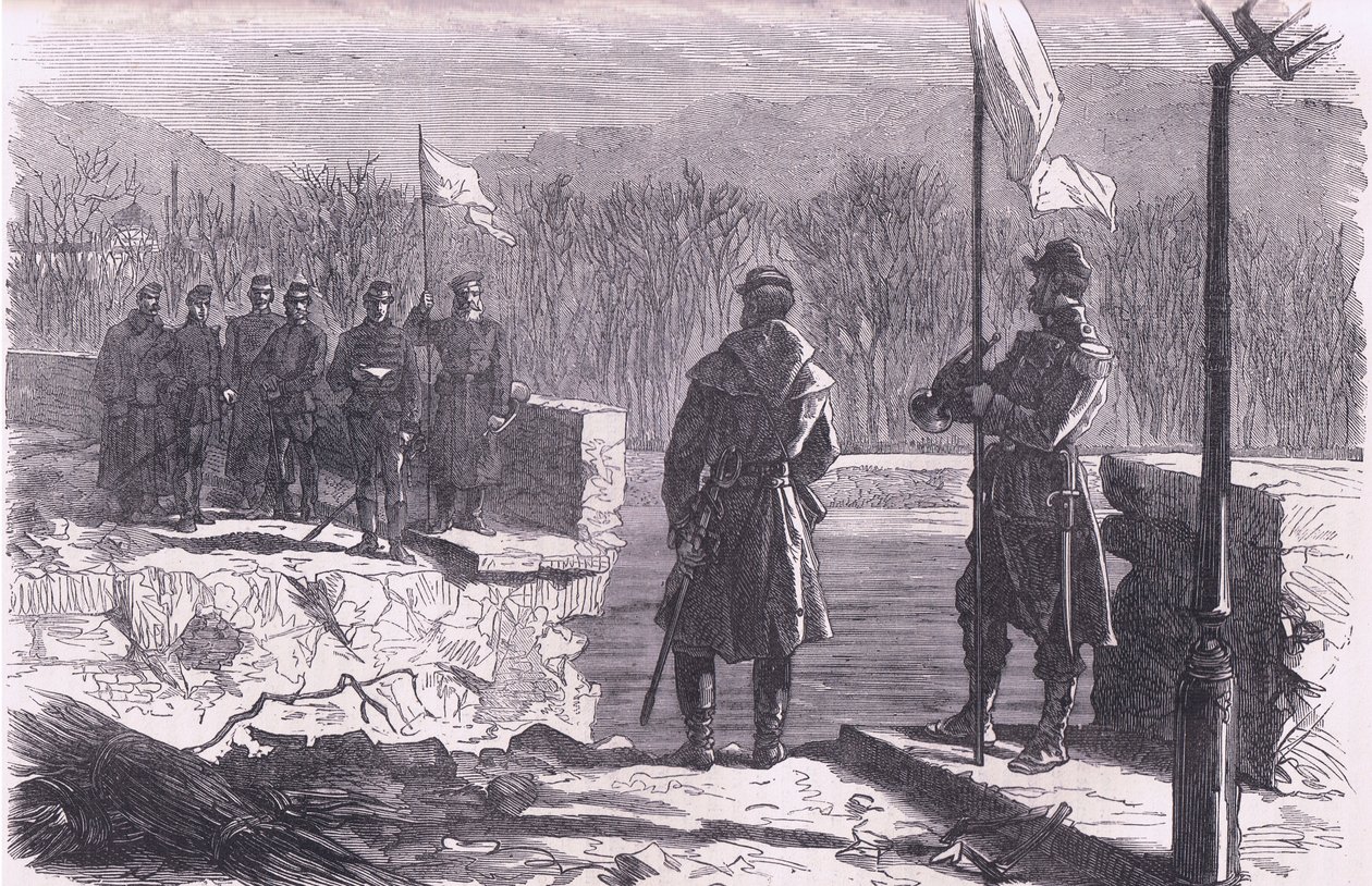 De vredesonderhandelingen - een ontmoeting bij de brug van Sèvres, Cassells Geschiedenis van de oorlog tussen Frankrijk en Duitsland uitgegeven door Cassell and Company Limited, ca. 1890 door German School