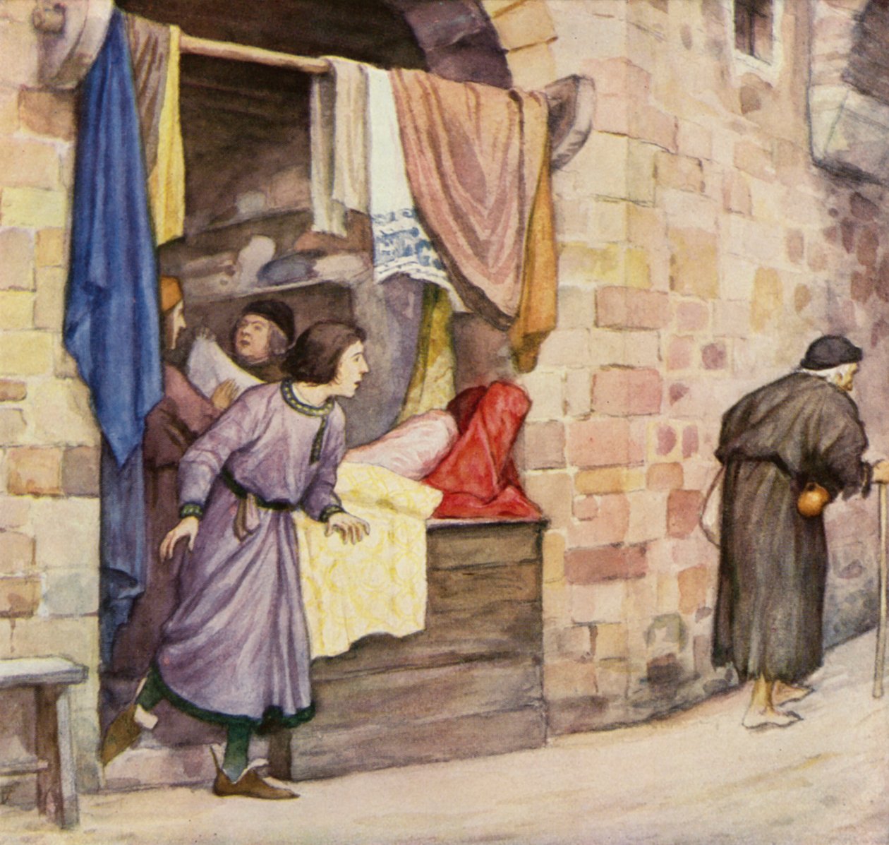De jonge Franciscus en de bedelaar (kleurenlitho) door German School