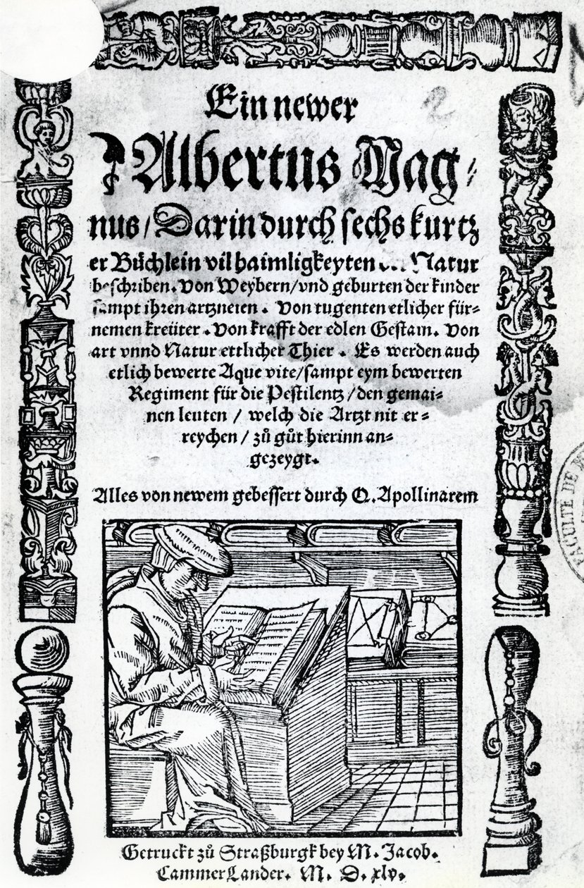 Titelpagina voor een nieuwe Albertus Magnus: zes korte boeken die veel van de geheimen van de natuur beschrijven, gepubliceerd 1514 door German School