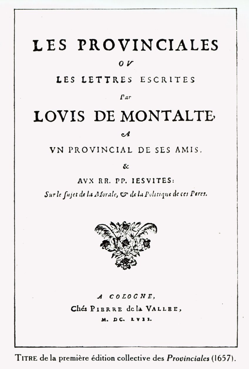 Titelpagina van Les Provinciales door Blaise Pascal (1623-62), Amsterdam, 1657 door German School