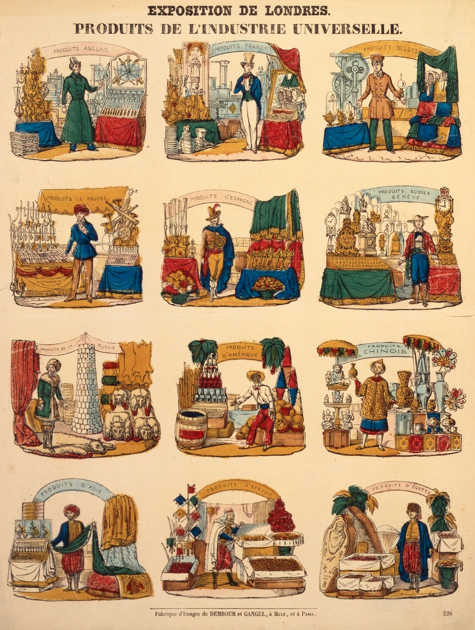 Twaalf tentoonstellingsstands van verschillende naties op de Grote Tentoonstelling in Londen, uitgegeven door Dambour & Gangel, Metz, 1851 door German School