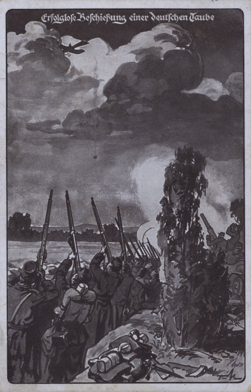 Onsuccesvolle poging om een Duits vliegtuig neer te schieten, Eerste Wereldoorlog (litho) door German School