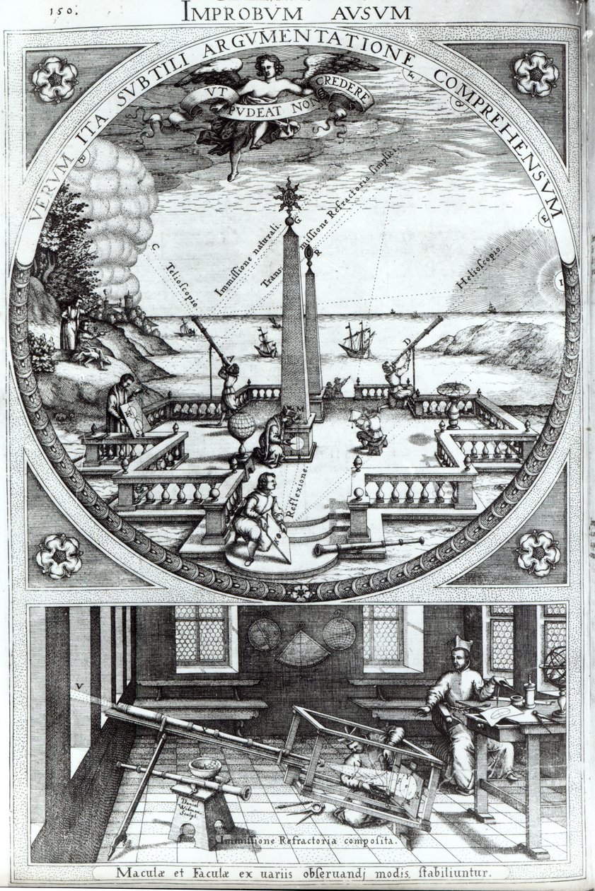 Verschillende methoden om zonnevlekken te observeren, illustratie uit Rosa Orsina door Christoph Scheiner, gepubliceerd in 1630 door German School