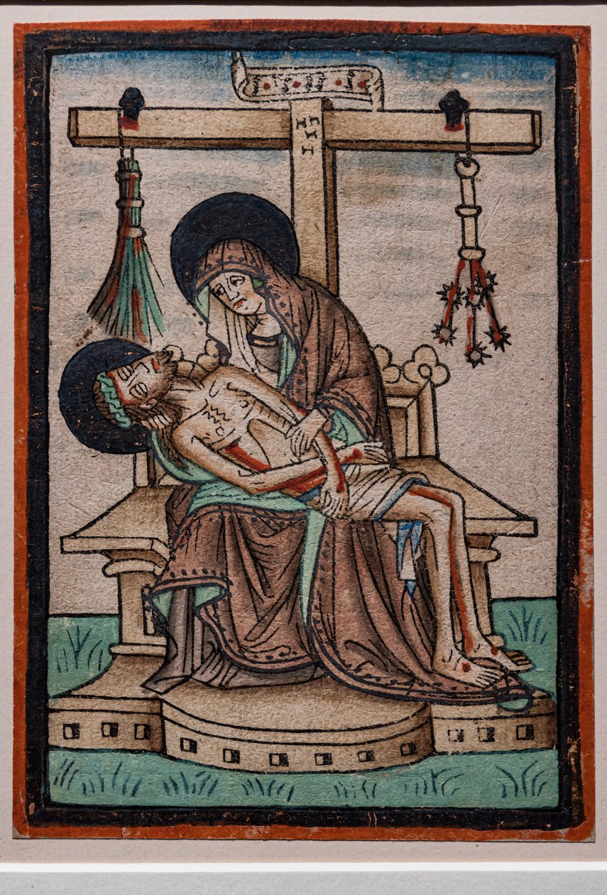 Vesperbeeld (Rouw), aquarel houtsnede door Duitse graveur, ca. 1450. De symbolen van Christus