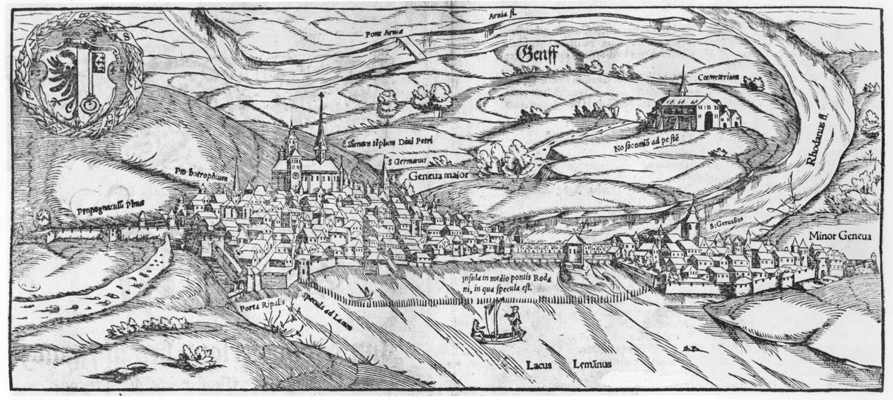 Zicht op Genève, uit Cosmographie Universelle door Sebastien Munster (1488-1552) Basel, gepubliceerd 1559 door German School