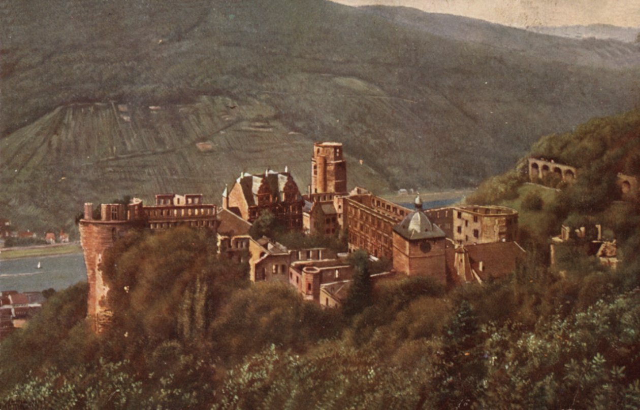 Gezicht op kasteel Heidelberg vanaf de Molkenkur (kleurenlitho) door German School