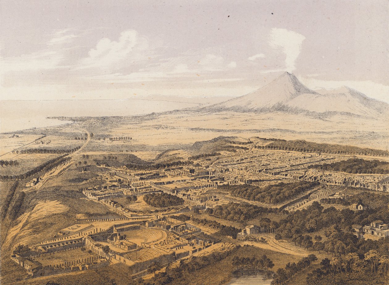 Gezicht op Pompeii, Campanië, Italië (kleurenlitho) door German School