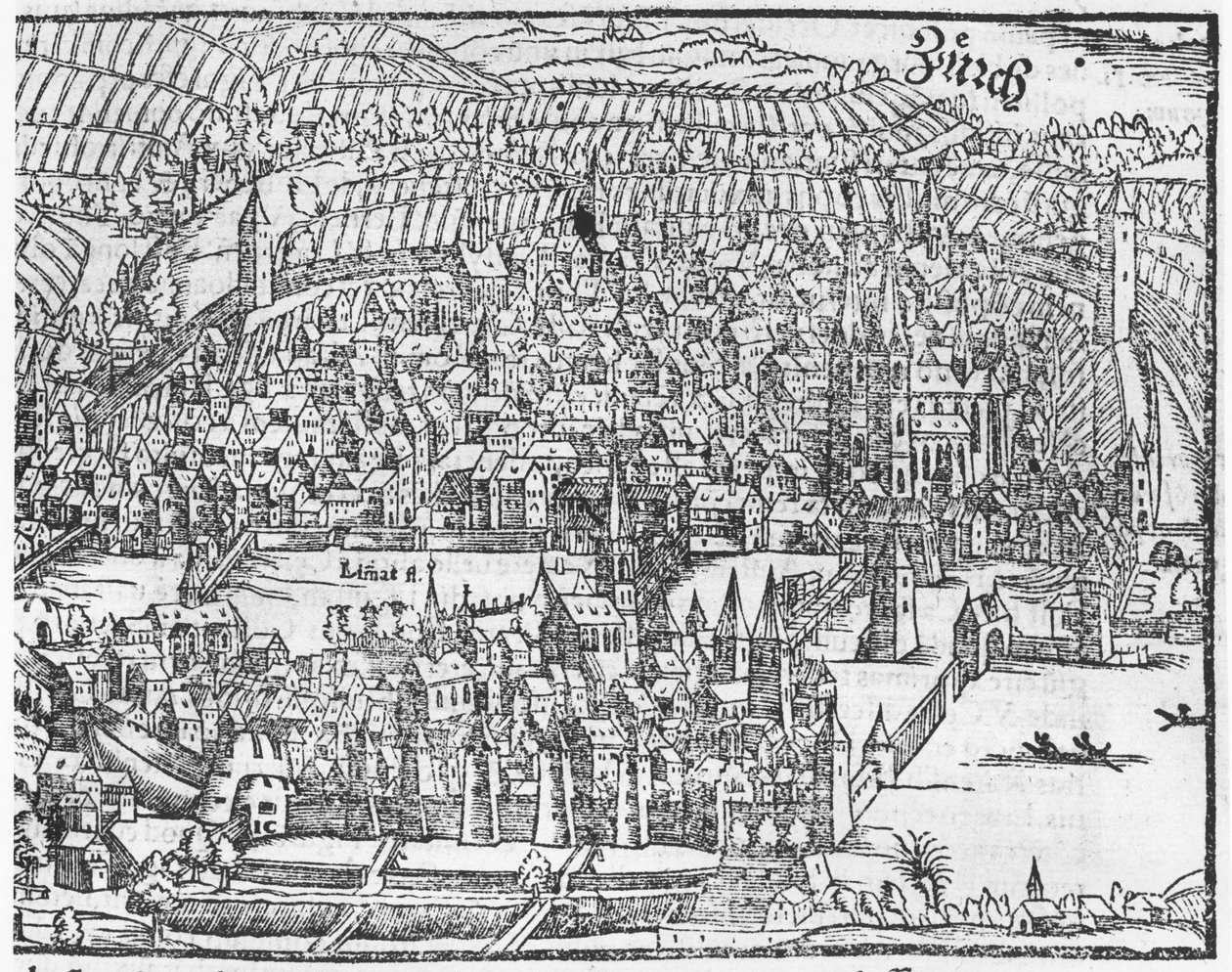 Zicht op Zürich, uit Cosmographie Universelle door Sebastien Munster (1488-1552) Basel, gepubliceerd 1559 door German School