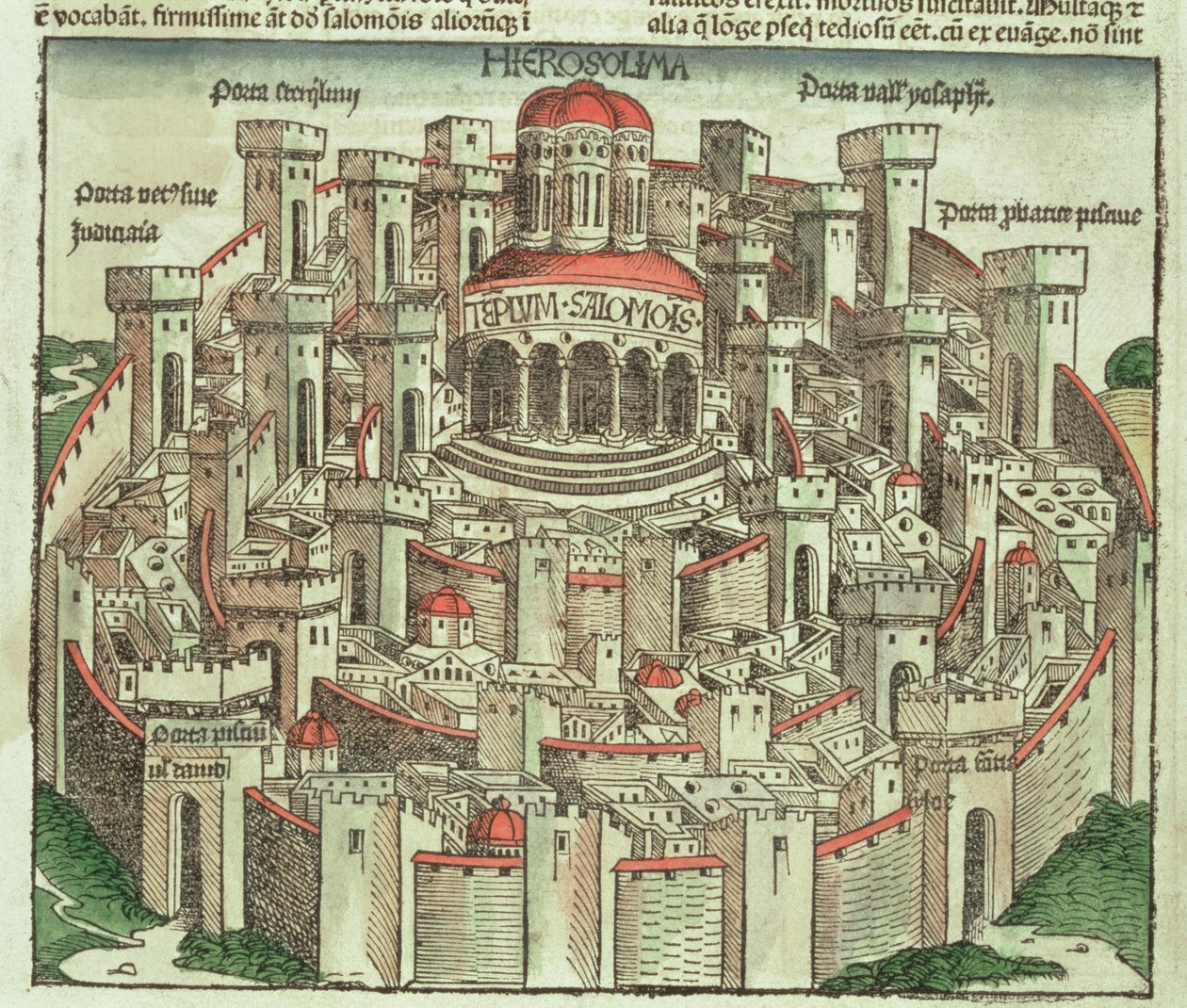 Uitzicht op de ommuurde stad Jeruzalem met de Tempel van Salomo en de stadspoorten, uit de Neurenberg Kroniek door Hartmann Schedel (1440-1514) 1493 door German School