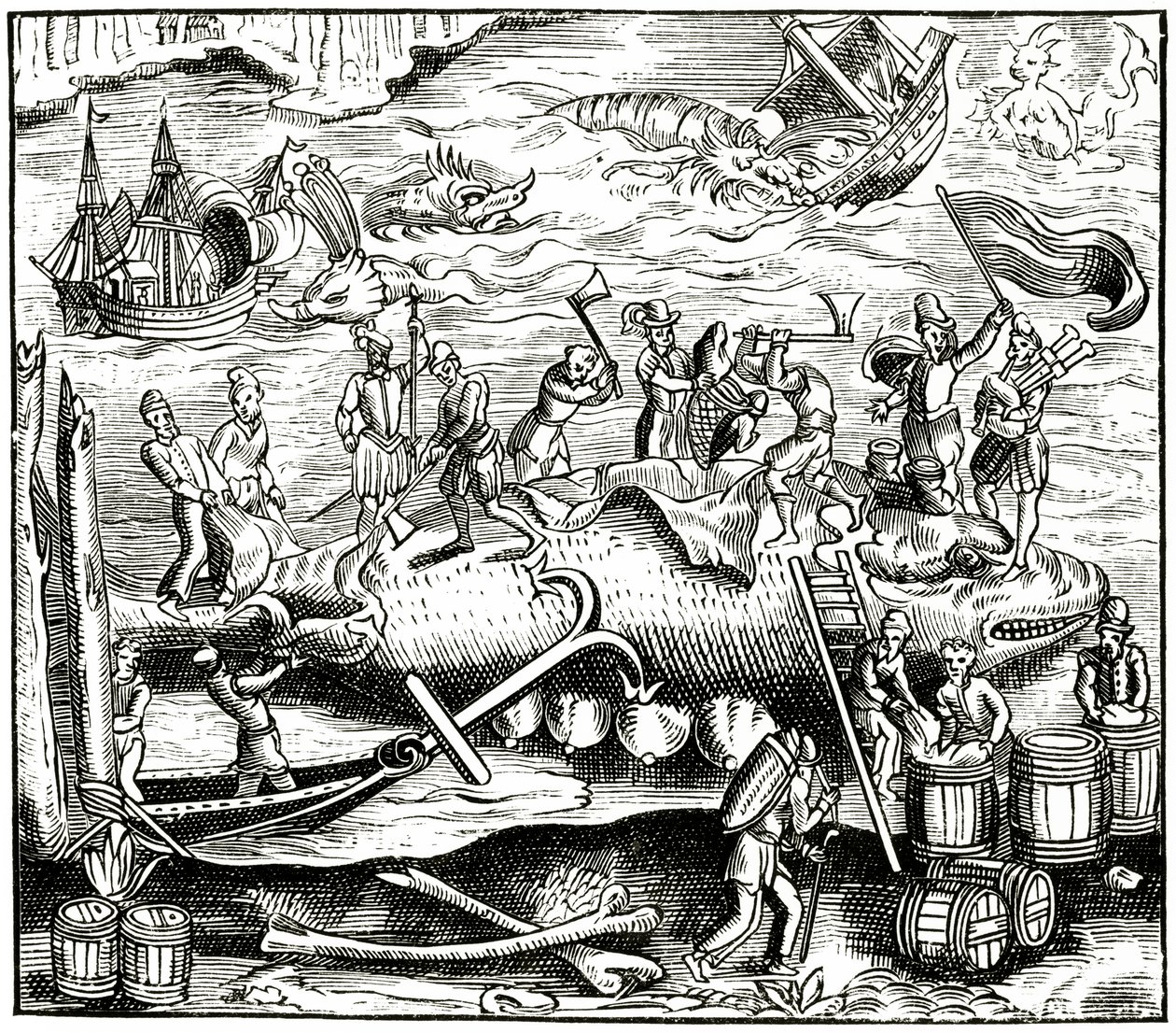 Walvisvangst, naar een houtsnede in Cosmographie Universelle van Munster, gepubliceerd 1552 door German School