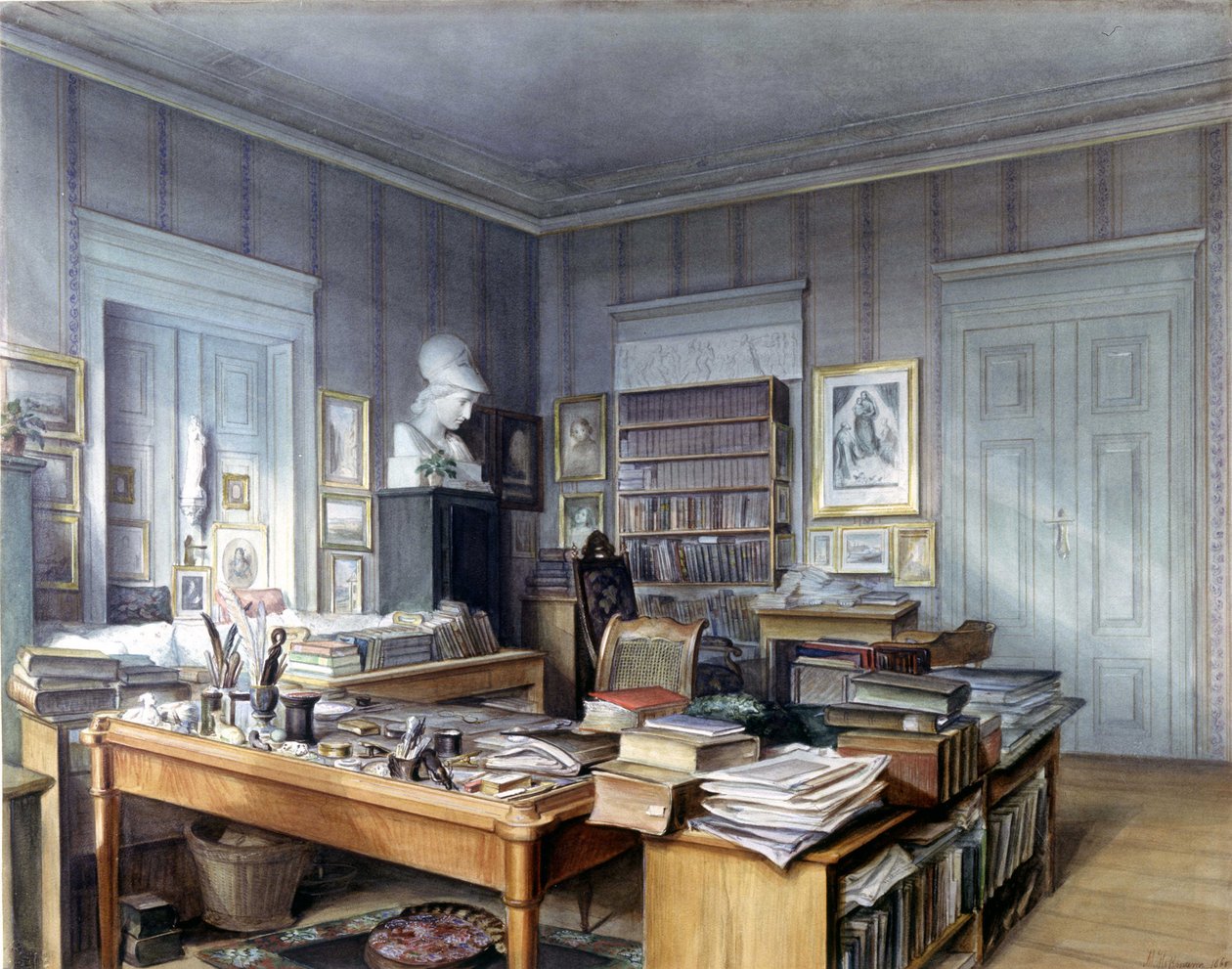 Werkruimte van Wilhelm Grimm in Berlijn, Linkstrasse 7. Gravure door Mr. Hoffmann. Nationalmuseum, Neurenberg. 1860 door German School