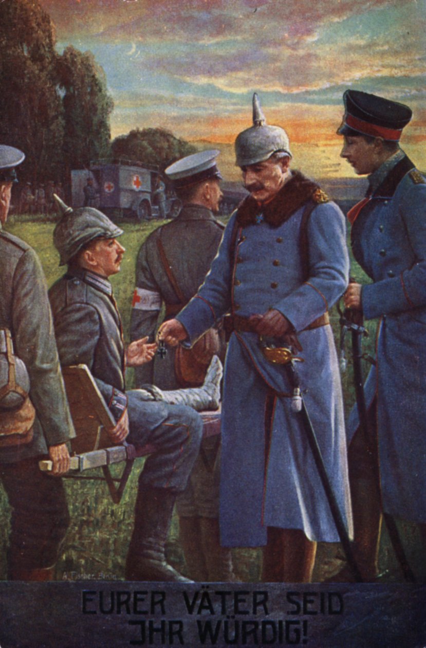 Jullie zijn jullie vaders waardig: Kaiser Wilhelm II reikt het IJzeren Kruis uit aan een gewonde Duitse soldaat (kleurenlitho) door German School