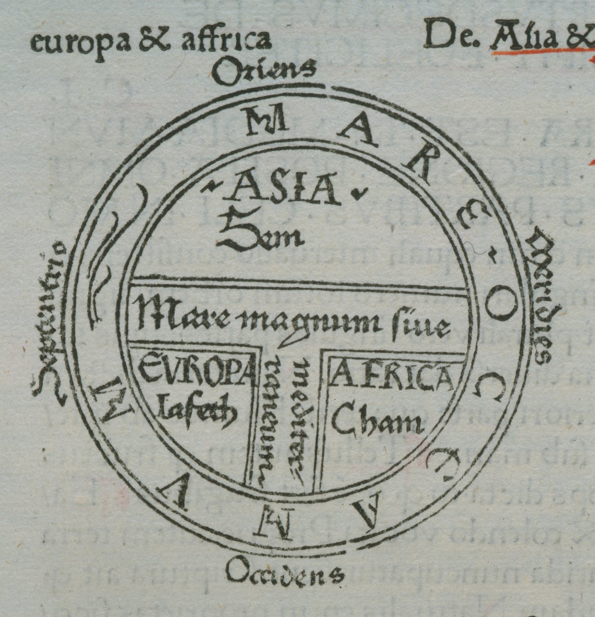 f.177v T-in-O kaart, met letterpress plaatsnamen, uit Isidore van Sevilla, Liber Etimologiarvm door German School
