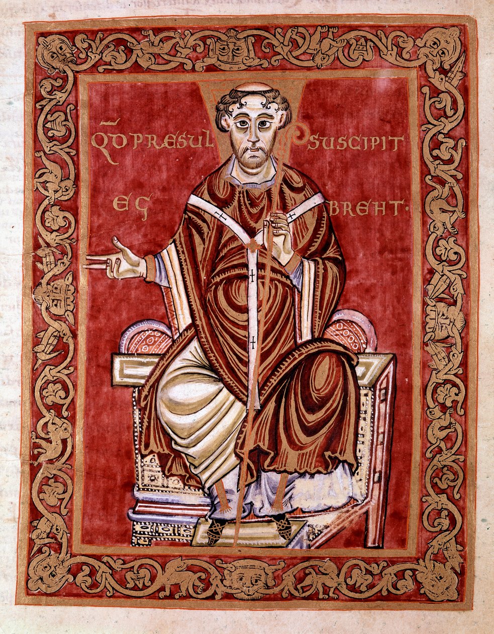 De bisschop Egbert van Trier ontvangt de psalter uit handen van de monnik Rudprecht (niet afgebeeld) - Miniatuur van de Codex van Egbert (Codex Egberti) door de school van Reichenau, 980 - Cividale del Friuli, archeologisch museum of Kathedraal van Cividal door German School