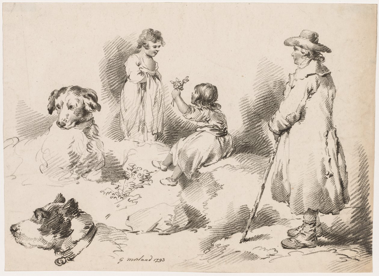 Studies van kinderen Twee kleine meisjes, twee honden, een man door Gerrard Street J. Harris Soho