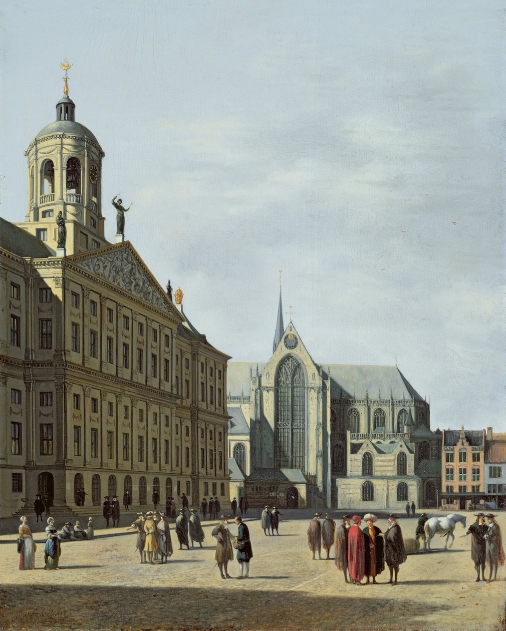 Uitzicht in Amsterdam, met de gevel van het Stadhuis en de Nieuwe Kerk door Gerrit Adriaensz Berckheyde