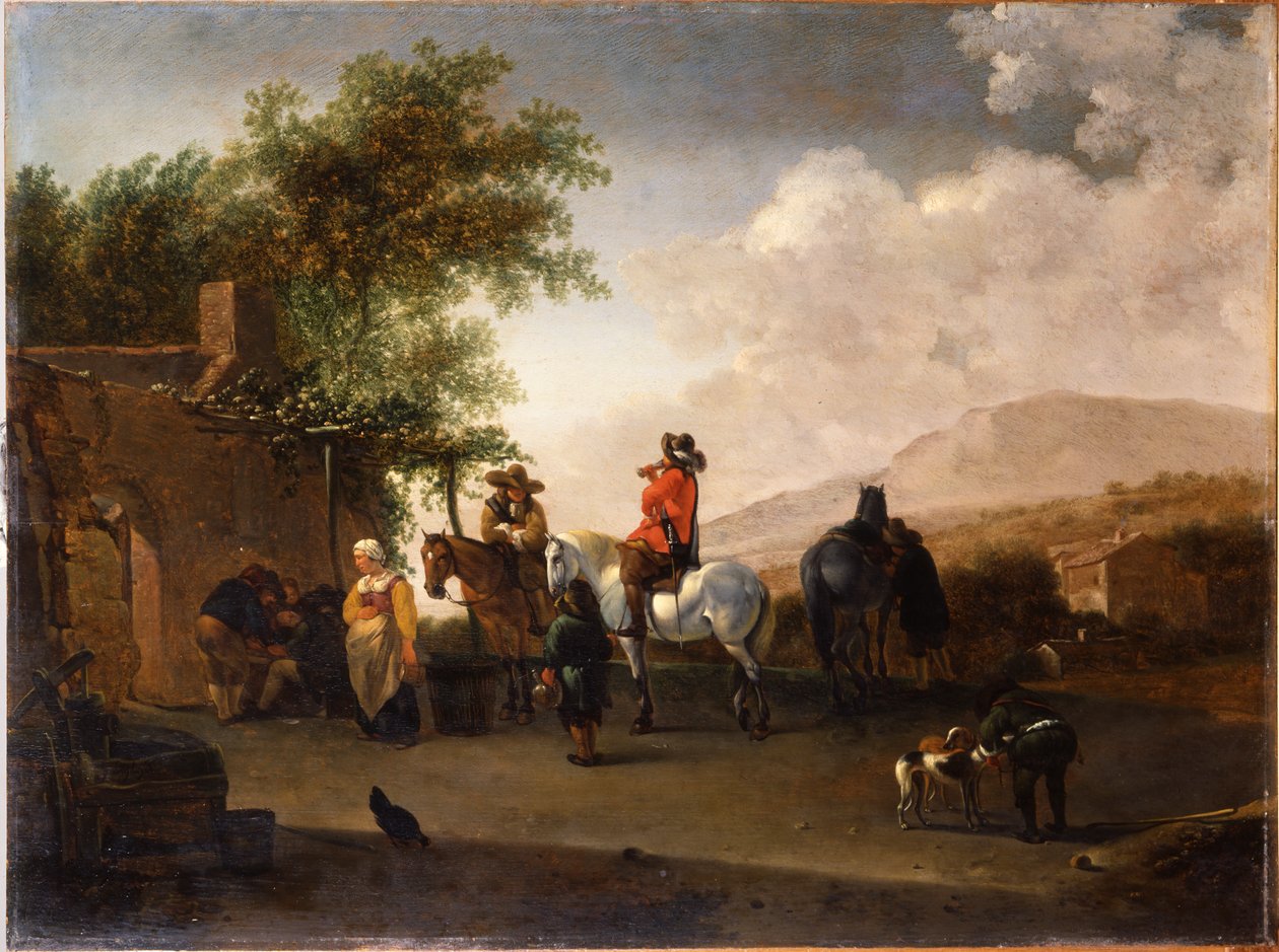 Reizigers te paard nemen verfrissing op een bergpas, in een Italiaans landschap door Gerrit Adriaensz Berckheyde