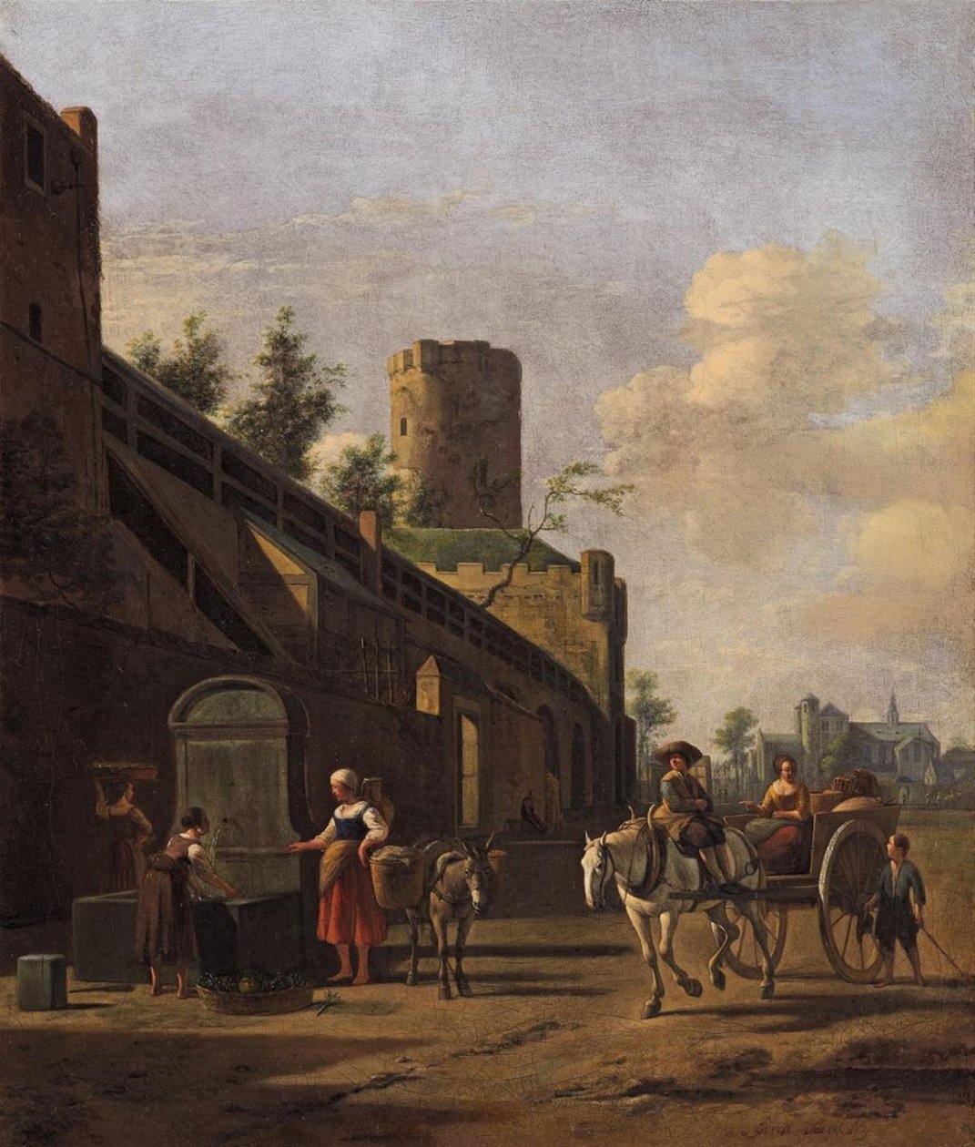 Stadsmuur van Keulen met boeren en reizigers in de buurt, de kerk van St. Pantaleon op de achtergrond door Gerrit Adriaenszoon Berckheyde