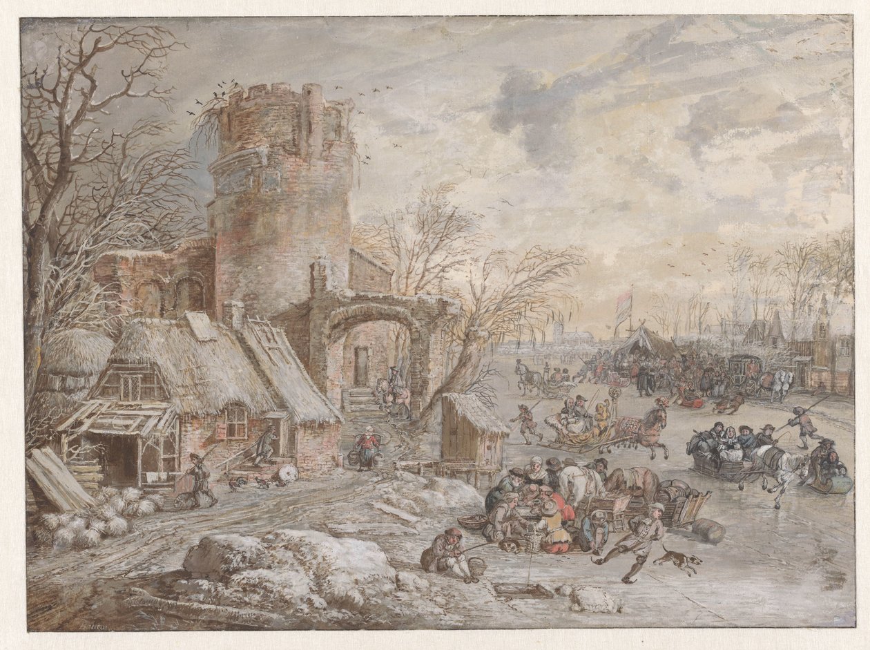 Winterlandschap met ijsvermaak door Gerrit Battem