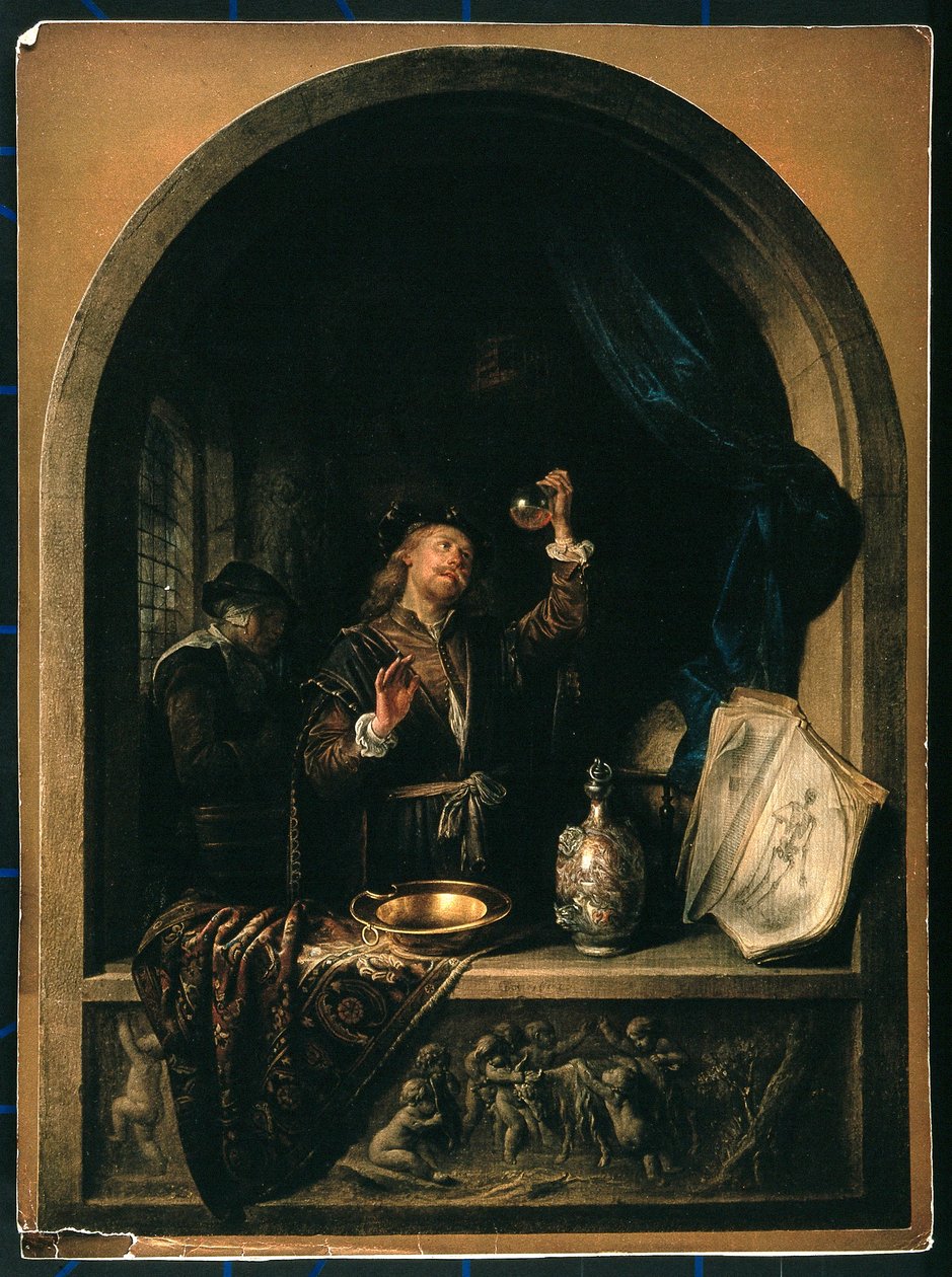 Een arts onderzoekt een urinemonster van een oudere vrouw door Gerrit Dou