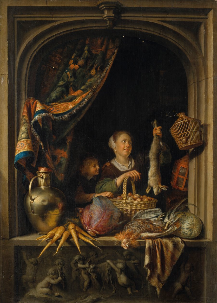 Een jonge vrouw houdt een haas vast met een jongen bij een raam door Gerrit Dou