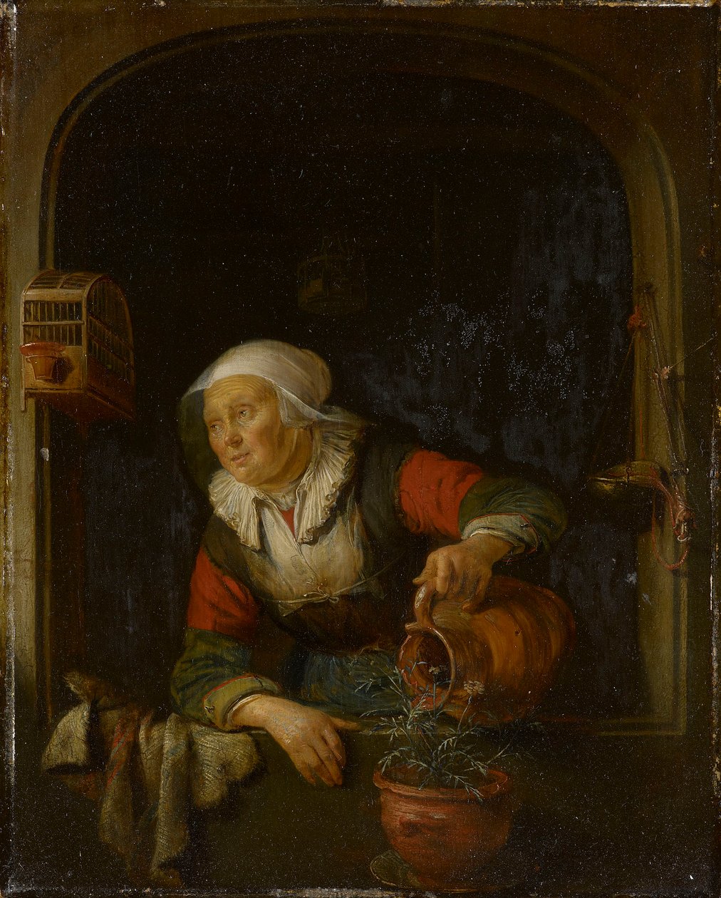Een oude vrouw geeft een pot roze water door Gerrit Dou