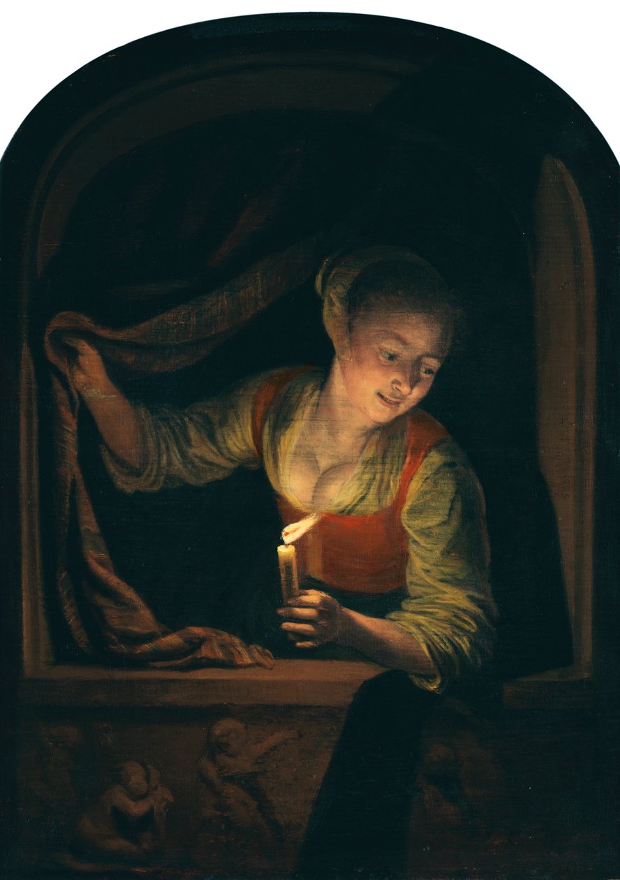 Dutch: Jonge vrouw met kaars in een venster Young Woman with a lighted Candle at a Window door Gerrit Dou