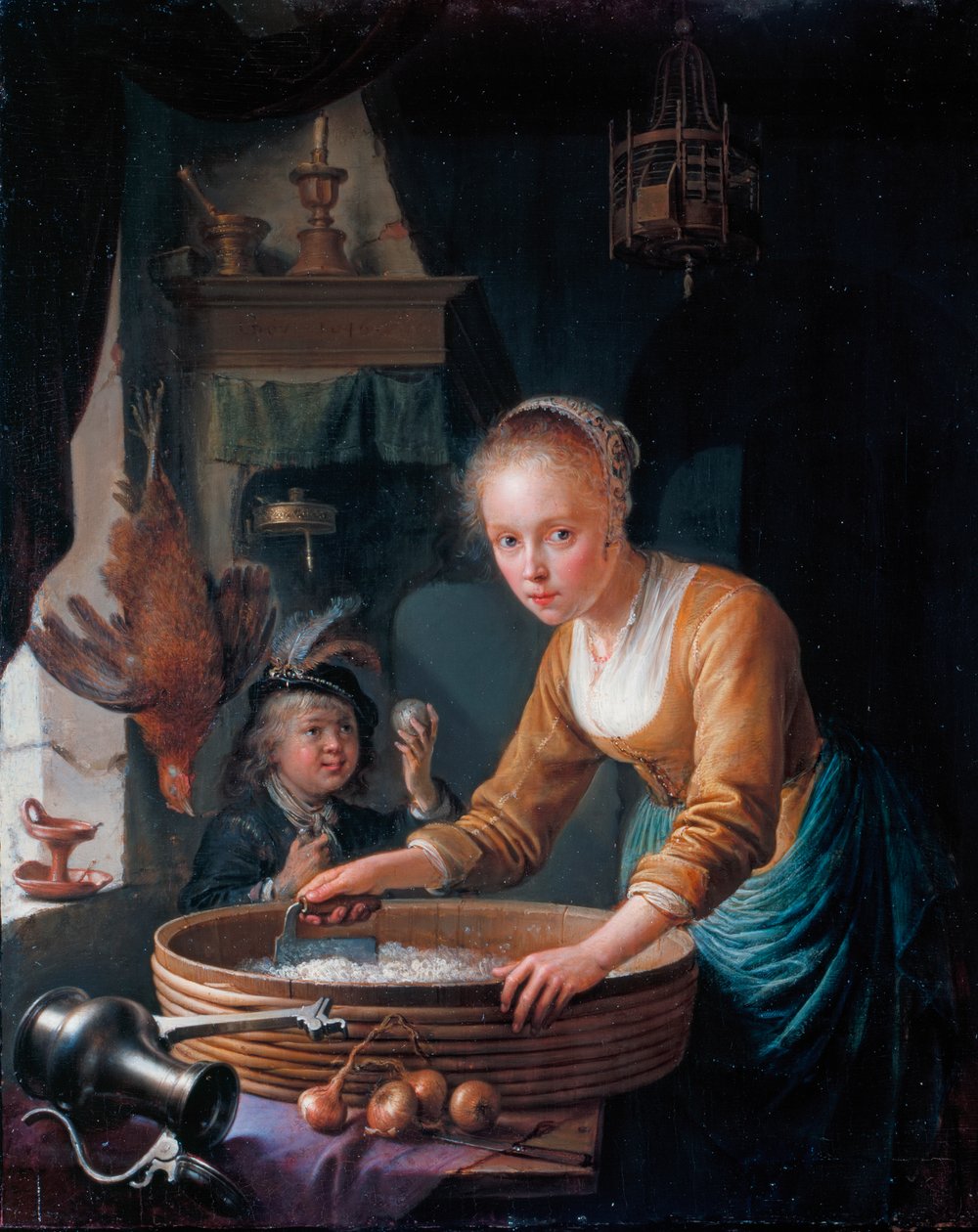 Frans: Jeune fille hachant des oignons Meisje dat uien hakt door Gerrit Dou