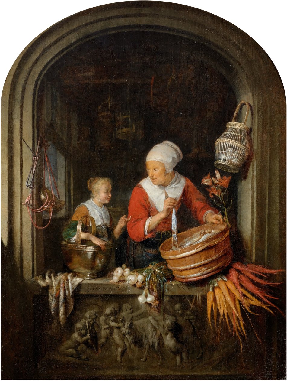 Vrouw die haring verkoopt en meisje in een etalage door Gerrit Dou