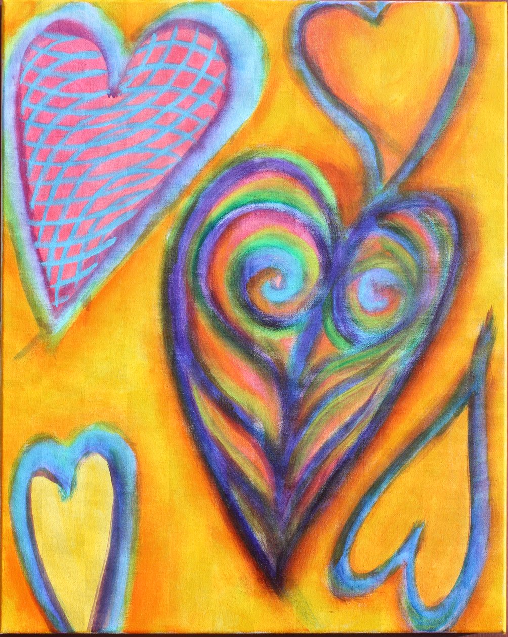 Harten op geel, 2023 (acryl op doek) door Gerrit Greve