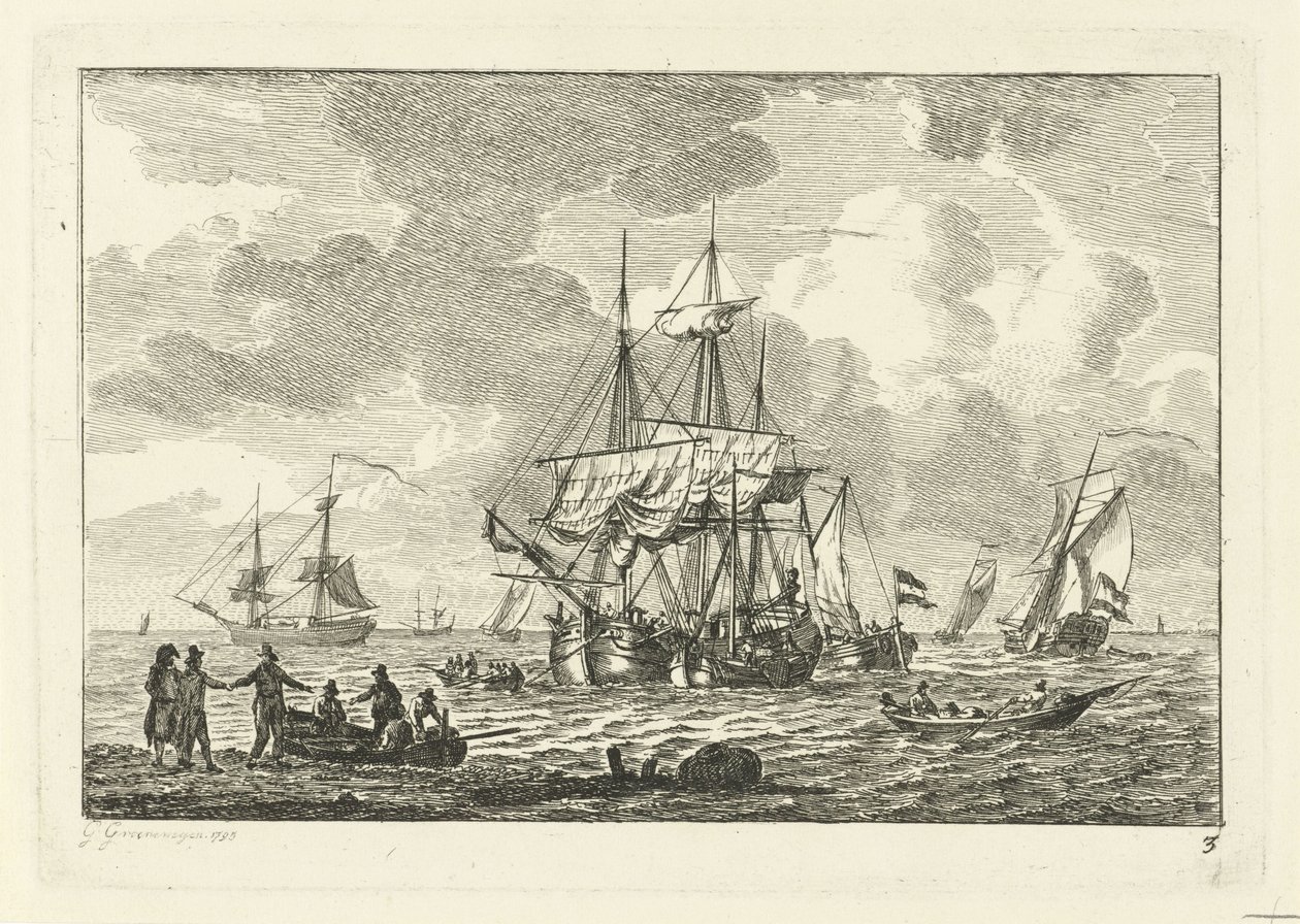 Zeegezicht met driemaster door Gerrit Groenewegen