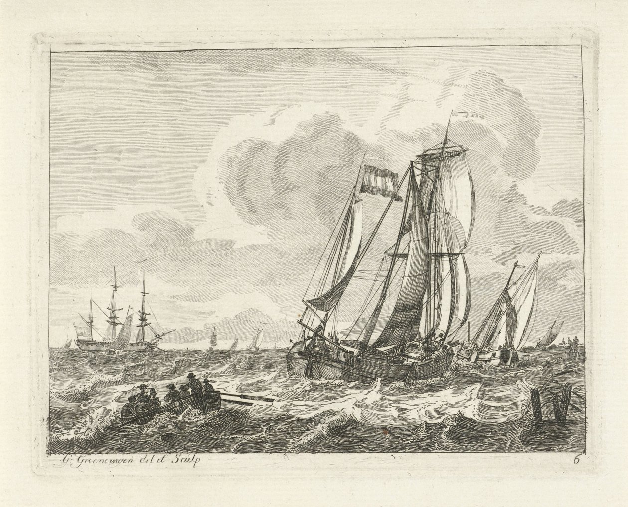 Zeilschepen en een roeiboot op open water door Gerrit Groenewegen