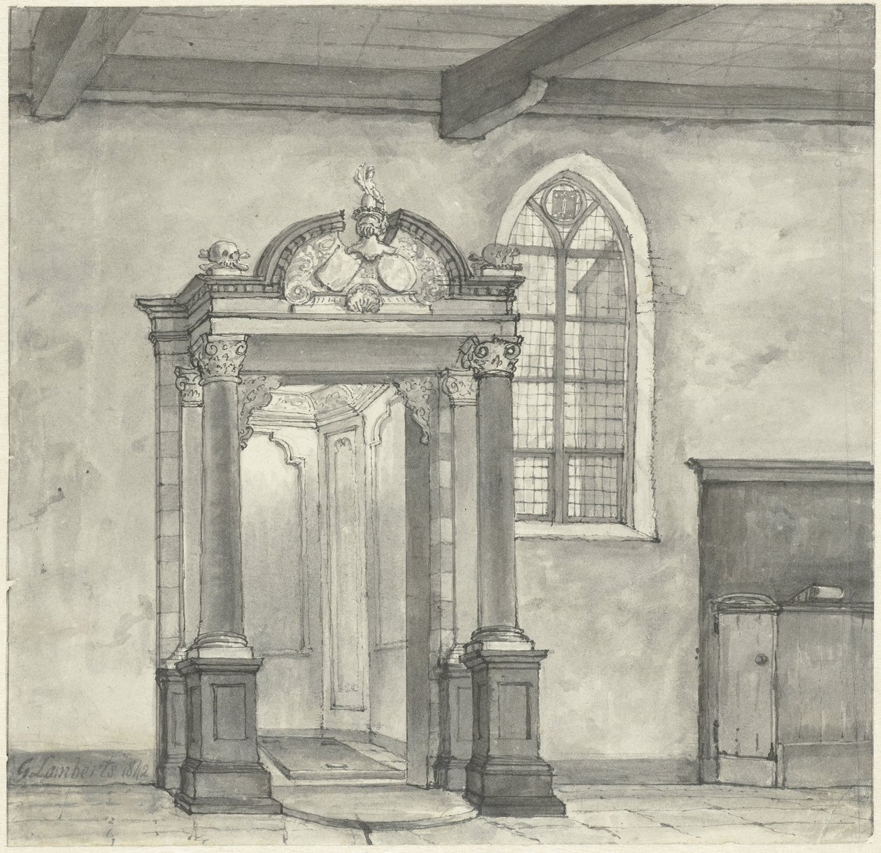 Toegang tot de kapel met de grafkelder van de Heren van Zandvoort, in de kerk te Zandvoort door Gerrit Lamberts