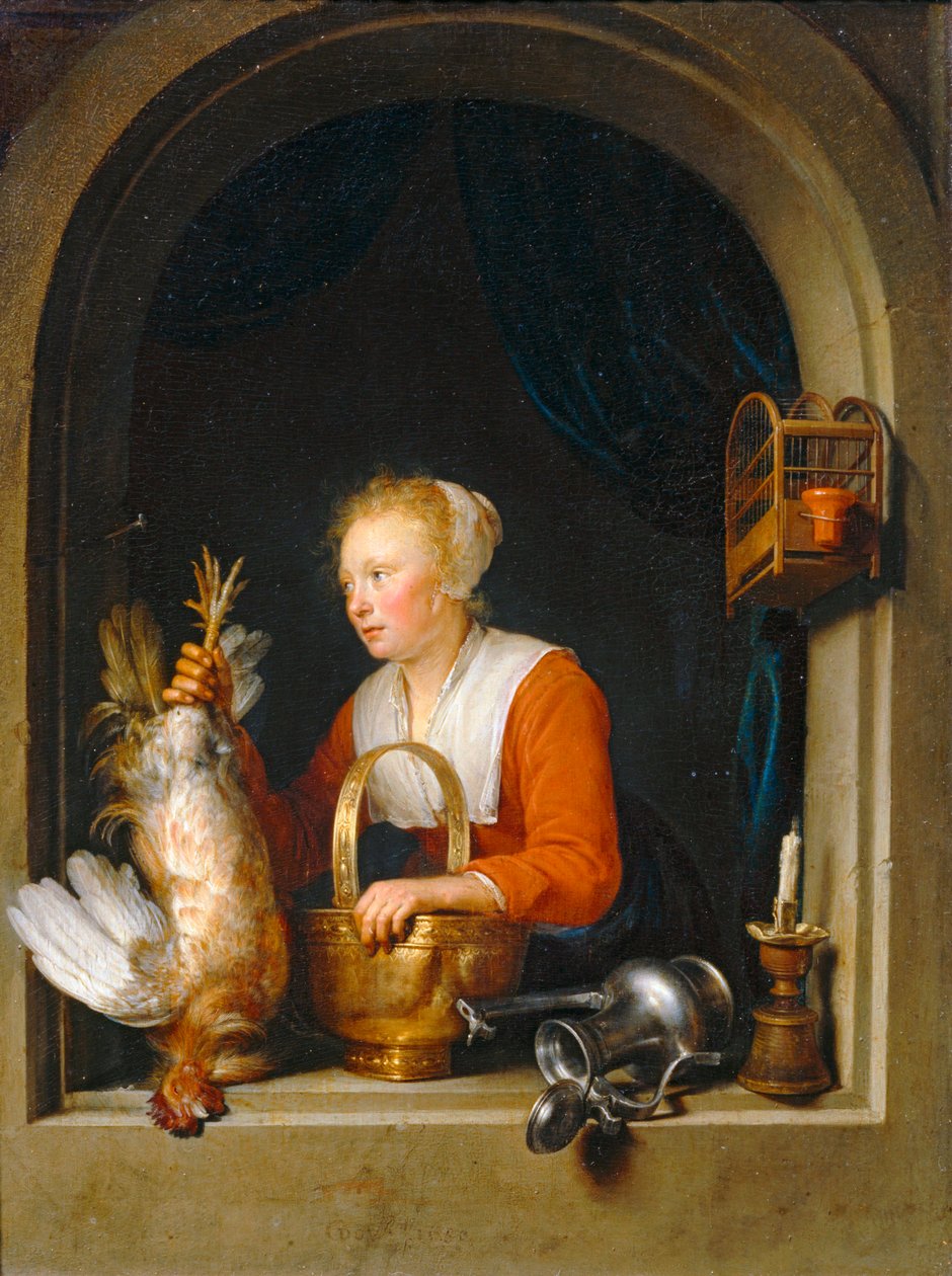 Femme accrochant un coq à sa fenetre, dit aussi La Menagère hollandaise - Vrouw die een haan in haar winrow hangt, ook wel de Hollandse huisvrouw ... door Gerrit or Gerard Dou