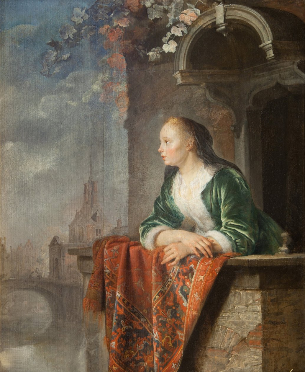 Jonge vrouw op een balkon door Gerrit Dou