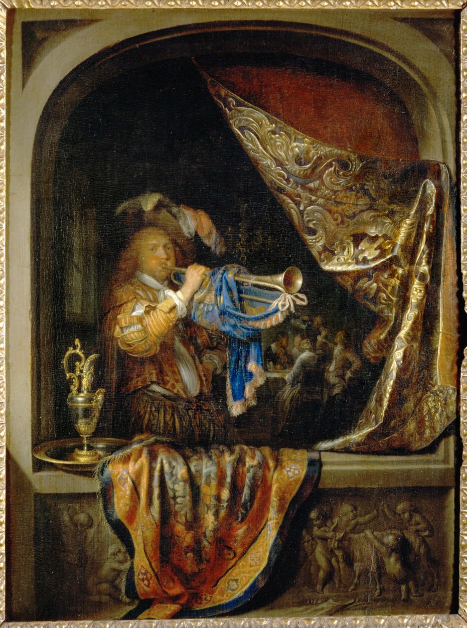 De trompettist, op de achtergrond een feest ... door Gerrit or Gerard Dou