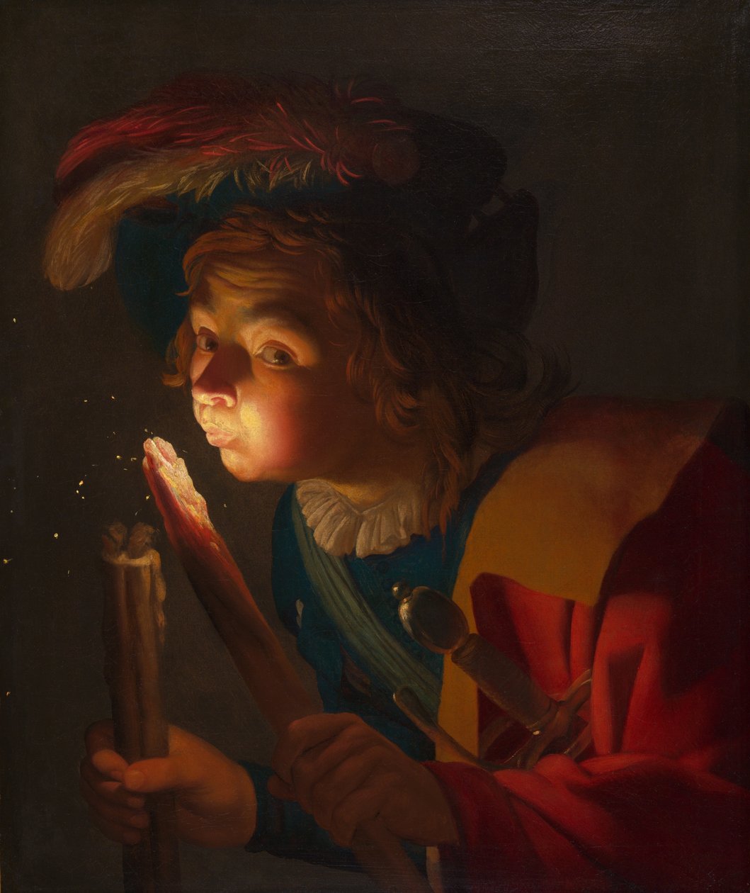 Een Jongen die op een Brandende Houtskool Blaast door Gerrit van Honthorst