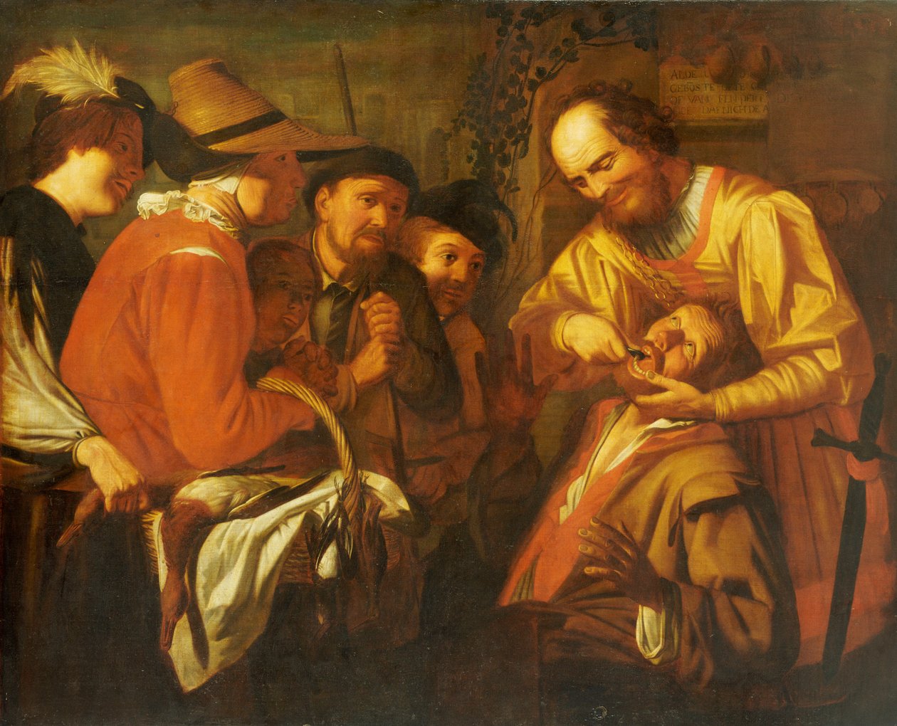 Een kwakzalver tandarts die een tand trekt, terwijl een groep toeschouwers toekijkt door Gerrit van Honthorst