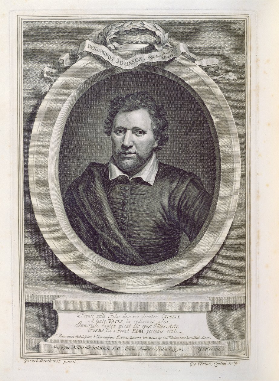 Ben Jonson (1573-1637), gegraveerd door George Vertue, 1730 door Gerrit van Honthorst